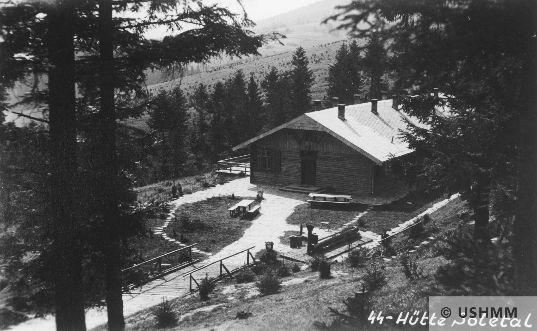 A view from above of a building and surrounding grounds of Solahütte. USHMM 34749 A view from above of a building and surrounding grounds of Solahütte. USHMM 34749